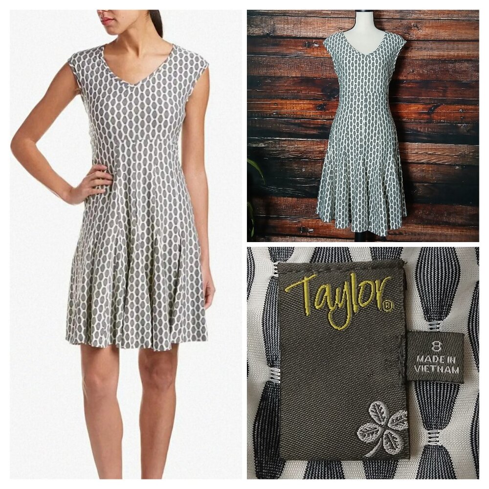 Taylor Dress 8 Fit & Flare Honeycomb Knit Gray White Zip Stretch